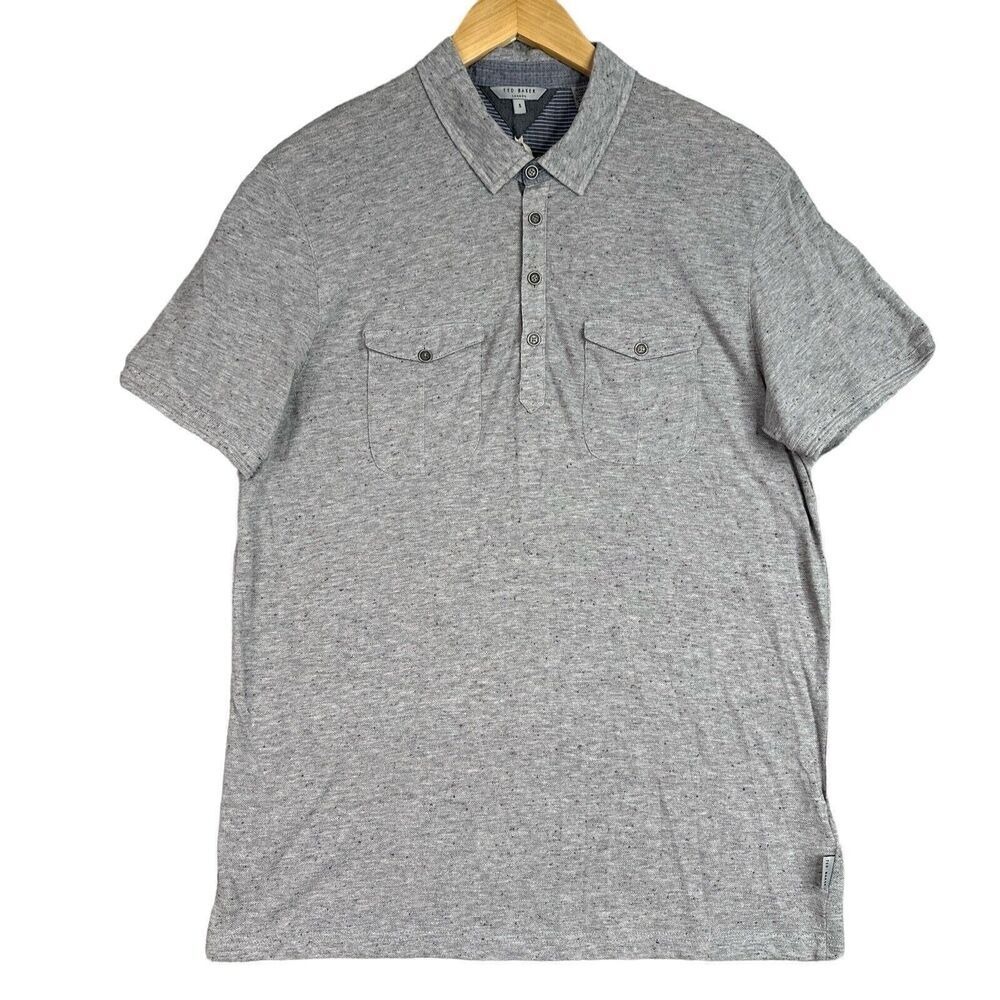 Ted Baker London Polo Shirt Men's Size 5 XL Gray Speckled Short Sleeve Button‎
